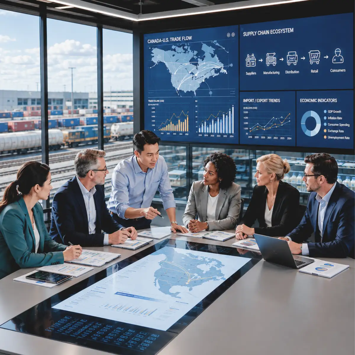 blog-Canadian Goods Impacted by NewTariff Threat Canadian B2b executives having a meeting<br />